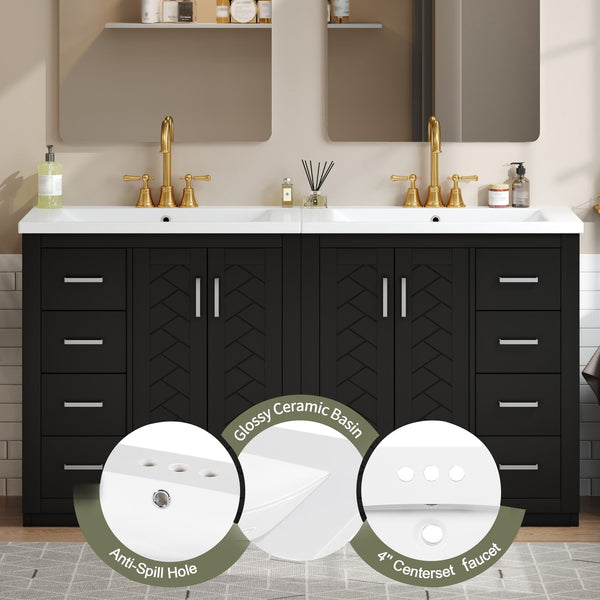 English Elm 60'' Bathroom Vanity Set With Ceramic Sink - Solid Wood Frame, Soft-Close Drawers & Ample Storage N710SS00001B