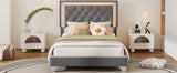 English Elm Twin Size Upholstered Bed Frame With Led Lights,Modern Velvet Platform Bed With Tufted Headboard,Grey