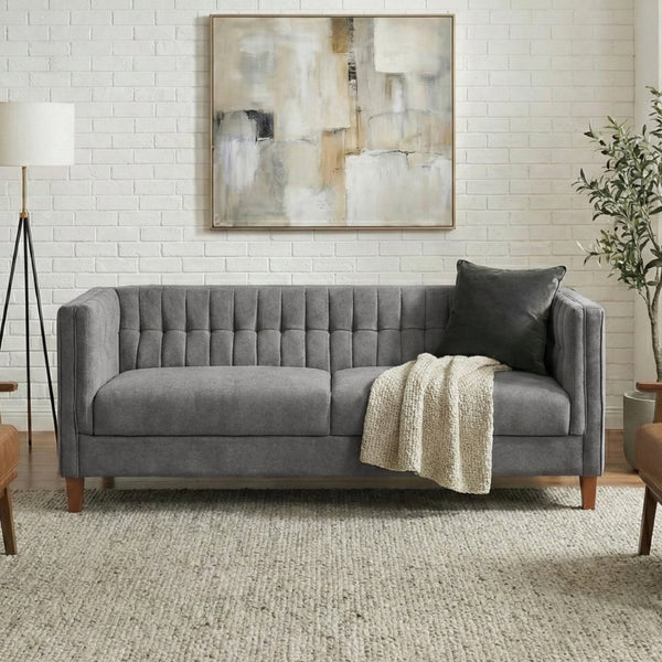 English Elm Modern Chenille Three Seater Sofa with Channel Tufted Back and Birch Wood Legs Grey N763S000100E