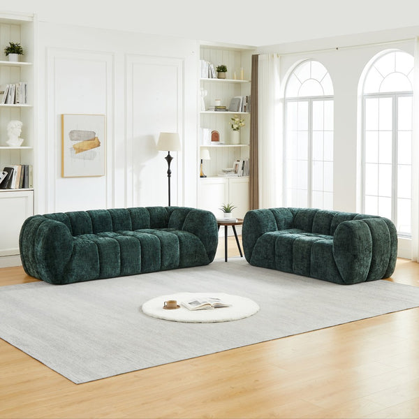 English Elm Chenille Cloud Sofa Quilted Checkered Seat Pure Foam Deep Cushion Contemporary Living Room Green W834S00639
