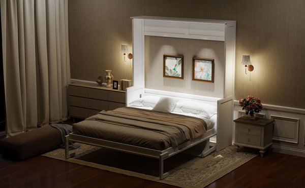 English Elm Queen Murphy Bed with Desk, Built-In LED Lights, USB Charging Ports & Space-Saving Modern Design White N7500004014K