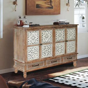 English Elm 59.06" Rustic Natural Wood Accent Cabinet with 4 Doors & 3 Drawers, Adjustable Shelves, Durable MDF W2295P290643