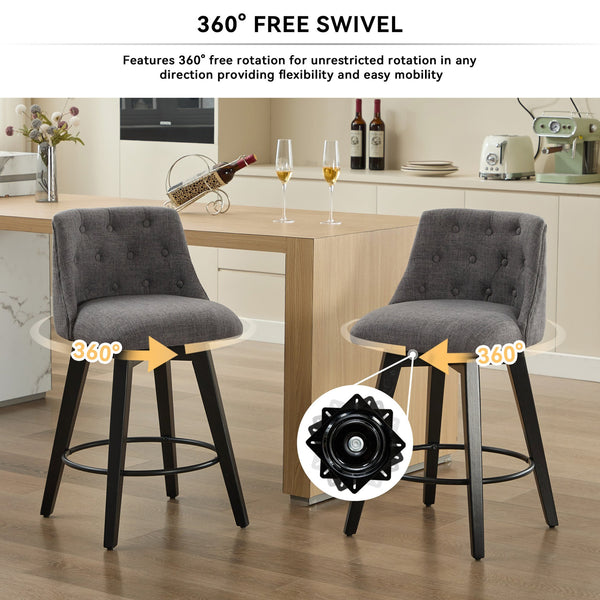 English Elm 007-360° Swivel Bar Stools Set of 2 25" Counter Height Linen Tufted Back Solid Wood Frame Durable Upholstery Dark Gray W2636P242117