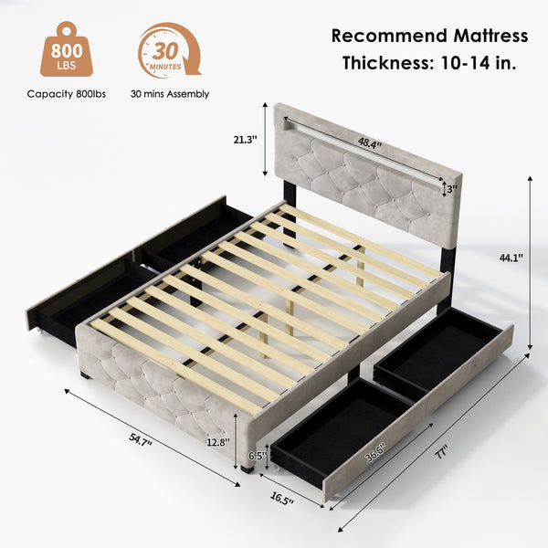 English Elm Full Size Velvet Upholstered Platform Bed with 4 Rolling Drawers, LED Headboard Light, Dual Height Support and 800 lb Capacity W2889P205103