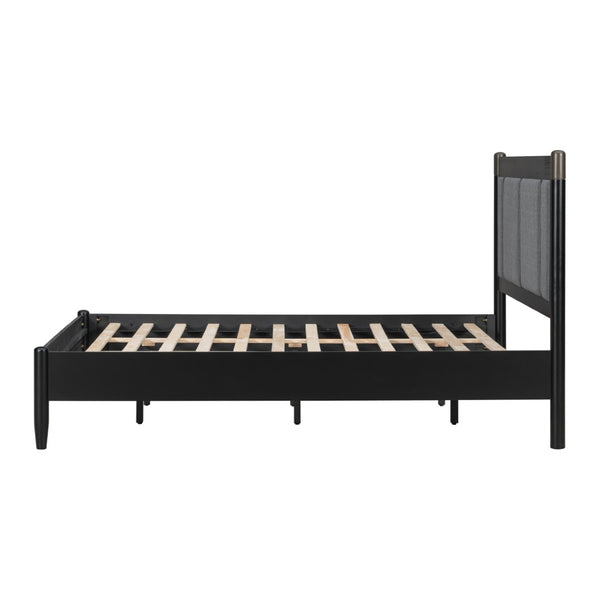 English Elm Solid Pine Queen Bed Industrial Upholstered Headboard with Iron Handles 500 Lb Frame Black,Dark Grey N770PQ361408B