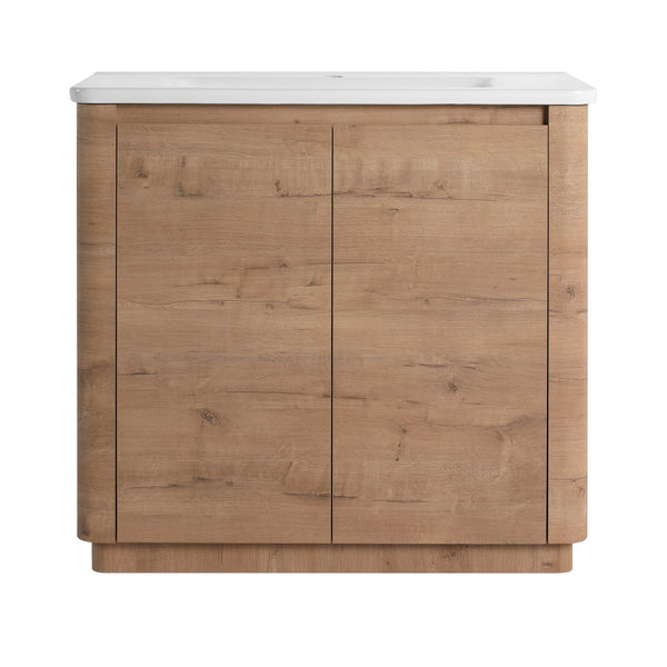 English Elm 36'' Freestanding Bathroom Vanity with White Ceramic Sink, Soft-Close Doors, Plywood, Adjustable Shelves W999P351896