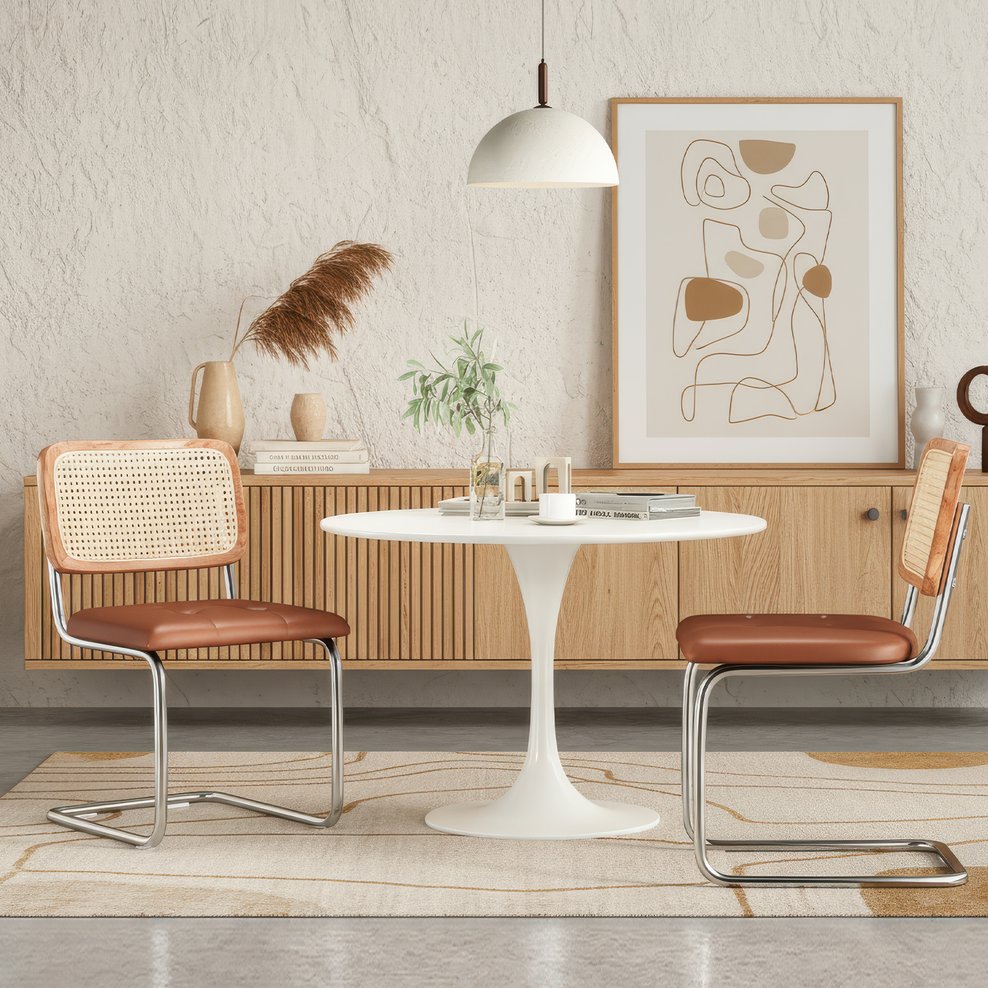 English Elm Kitchen Mid-Century Dining Chairs Set of 2 with Rattan Backrest, Cantilever Aluminum Legs, 300lb Capacity Brown PU T3623P408464