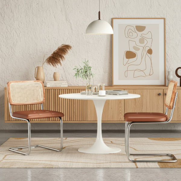 English Elm Kitchen Mid-Century Dining Chairs Set of 2 with Rattan Backrest, Cantilever Aluminum Legs, 300lb Capacity Brown PU T3623P408464