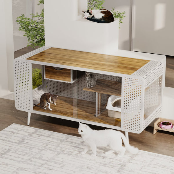 English Elm 55.12 Spacious Cat House with Tempered Glass, Fir Wood & Iron Frame, Modern White for Living Areas W757P173275