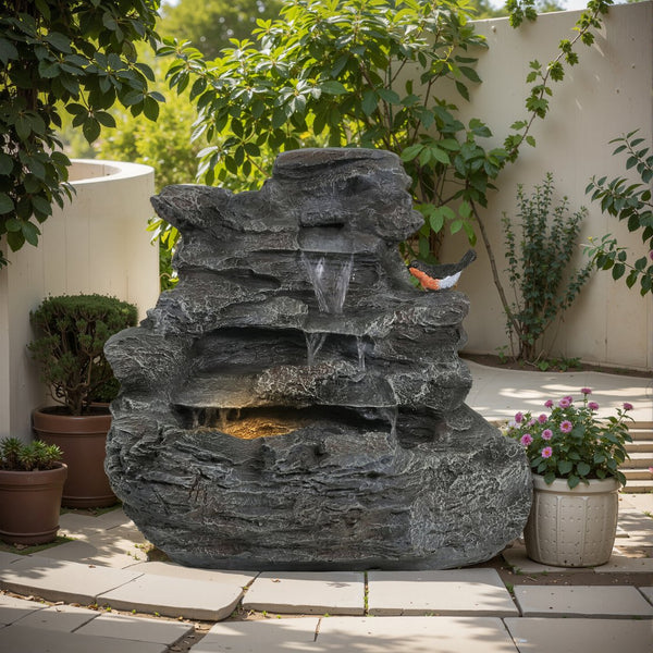English Elm Christopher Knight Home® - 4-Tiered Concrete Waterfall Fountain with LED Glow, Weather-Resistant Outdoor Garden Accent, Soothing Ambiance N765P324559G