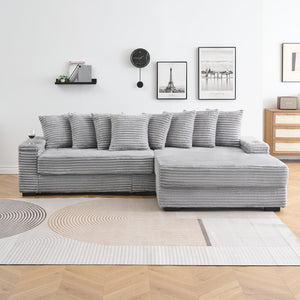 English Elm 111.4 Inch Corduroy L-shaped Sectional Sofa with Cup Holder and Reversible Recliner Gray W1658P263417