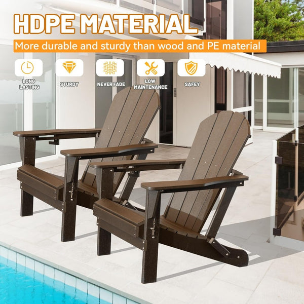 English Elm Adirondack Hdpe Folding Chair Set Outdoor Patio Fire Pit Seating with Cup Holder Brown W1859P453303