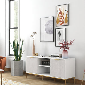 English Elm Modern TV Stand White Gold with Wave-Design Doors, Open Center Shelf, Adjustable Inner Shelf, Chic Legs W3151P288928