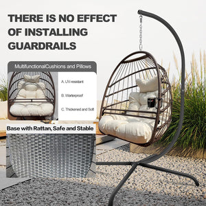 English Elm Swing Egg Chair with Stand - Foldable Wicker Rattan Hanging Basket, Safety Guardrail & Cup Holder beige brown W2707P184390