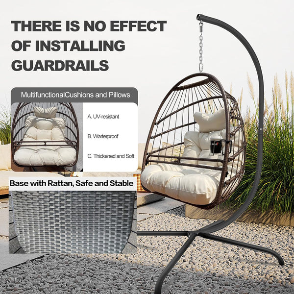 English Elm Swing Egg Chair with Stand - Foldable Wicker Rattan Hanging Basket, Safety Guardrail & Cup Holder beige brown W2707P184390