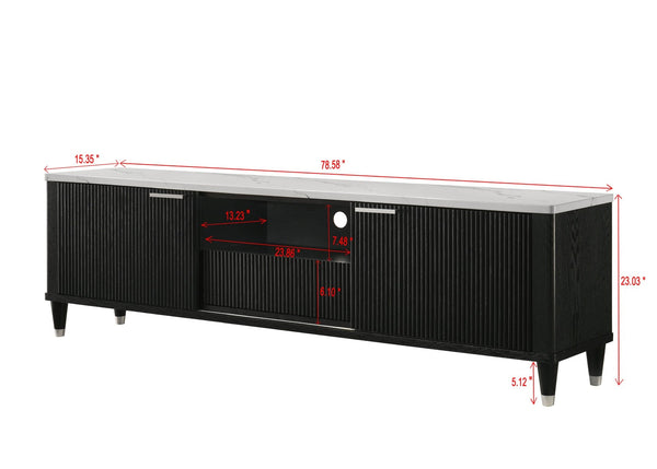 English Elm 1pc Mid-century Media Console Faux Marble Surface Ribbed Cabinet Tapered Legs 79in Black,White B2741P483126