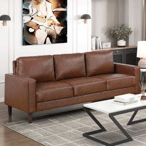English Elm Modern Malcolm 3-Seater Faux Leather Sofa with Track Arms and Welt Trim, Solid Wood Frame, Comfortable Seating Chocolate 68 L x 26 W x 18 H B011P395010