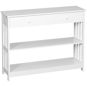 English Elm HOMCOM Narrow Console Table with Extra Wide Drawer, Slatted Frame, 2 Open Shelves & Anti-Tip Safety White W2225P249591