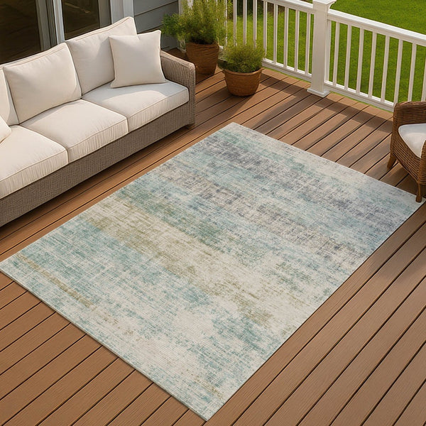 HomeRoots 9' X 12' Teal Blue & Beige Striped Area Rug - Durable, Washable, Indoor/Outdoor, Coastal Charm! 690001