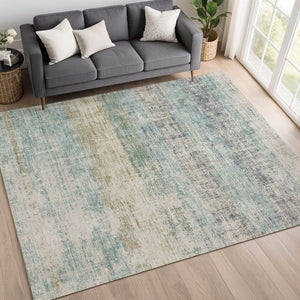 HomeRoots 9' X 12' Teal Blue & Beige Striped Area Rug - Durable, Washable, Indoor/Outdoor, Coastal Charm! 690001