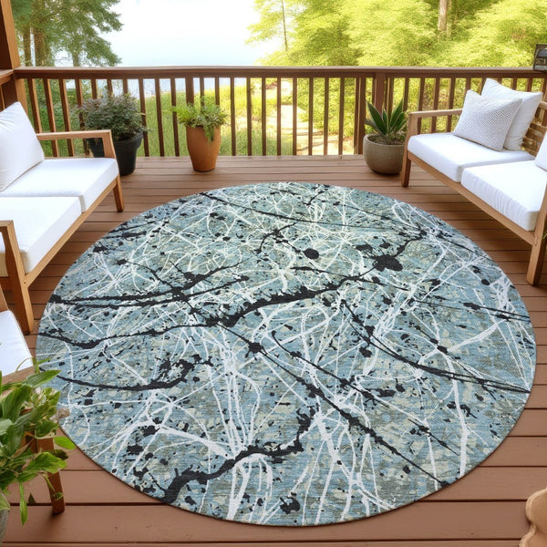 HomeRoots 8' Modern Abstract Washable Round Area Rug in Artichoke Green, Black & Ivory for Indoor/Outdoor Use 690005