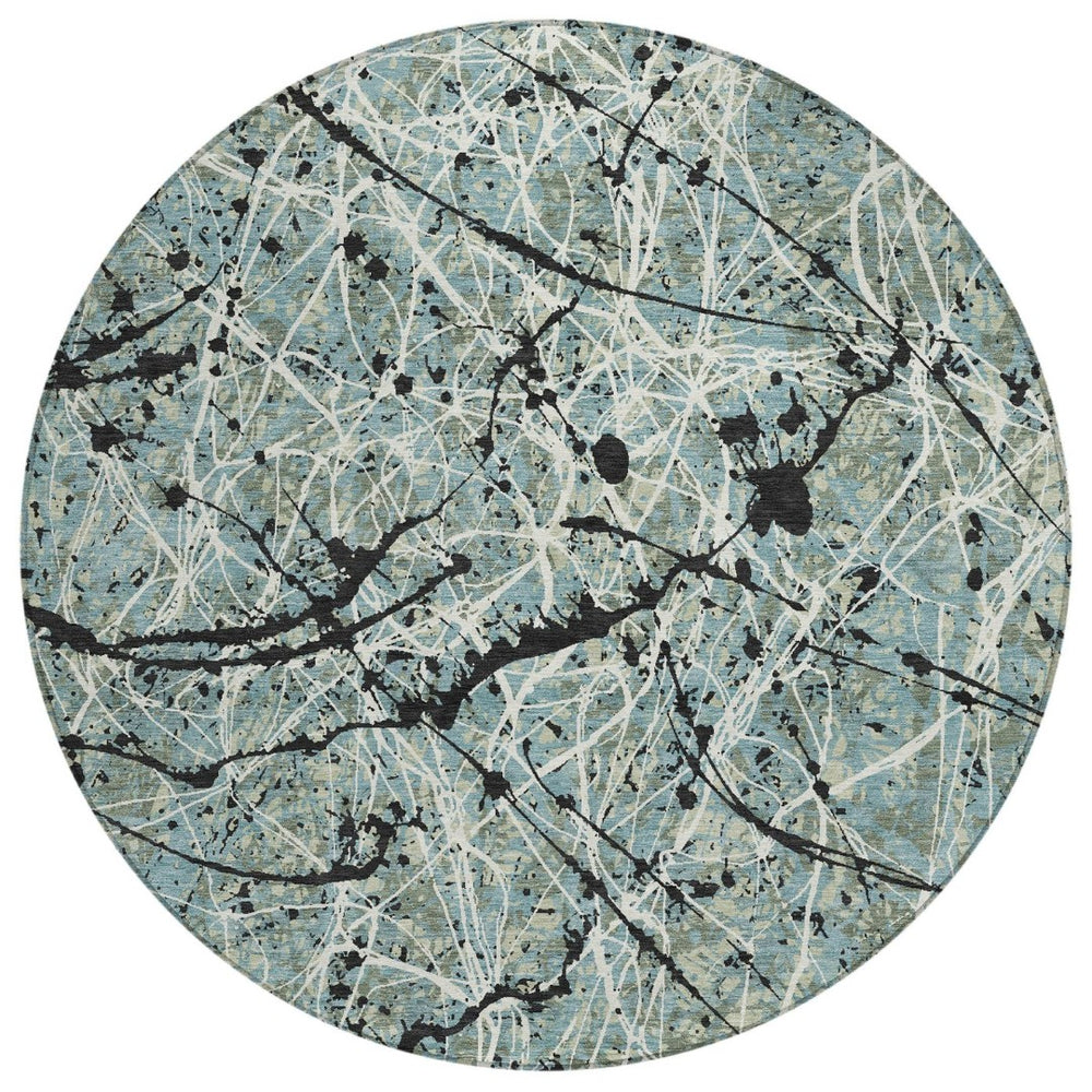 HomeRoots 8' Modern Abstract Washable Round Area Rug in Artichoke Green, Black & Ivory for Indoor/Outdoor Use 690005
