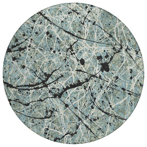 HomeRoots 8' Modern Abstract Washable Round Area Rug in Artichoke Green, Black & Ivory for Indoor/Outdoor Use 690005