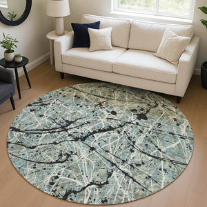 HomeRoots 8' Modern Abstract Washable Round Area Rug in Artichoke Green, Black & Ivory for Indoor/Outdoor Use 690005