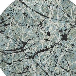 HomeRoots 8' Modern Abstract Washable Round Area Rug in Artichoke Green, Black & Ivory for Indoor/Outdoor Use 690005