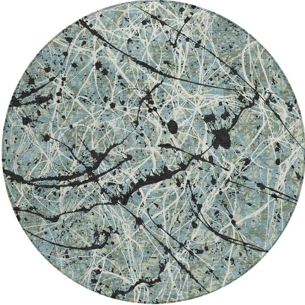 HomeRoots 8' Modern Abstract Washable Round Area Rug in Artichoke Green, Black & Ivory for Indoor/Outdoor Use 690005