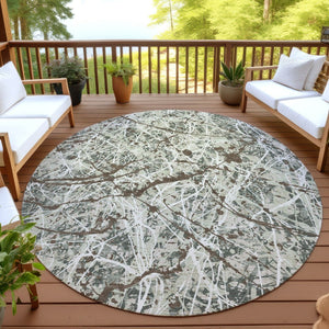 HomeRoots 8' Abstract Round Area Rug in Artichoke Green, Brown & Ivory – Washable & Durable for Indoor/Outdoor Use 690011