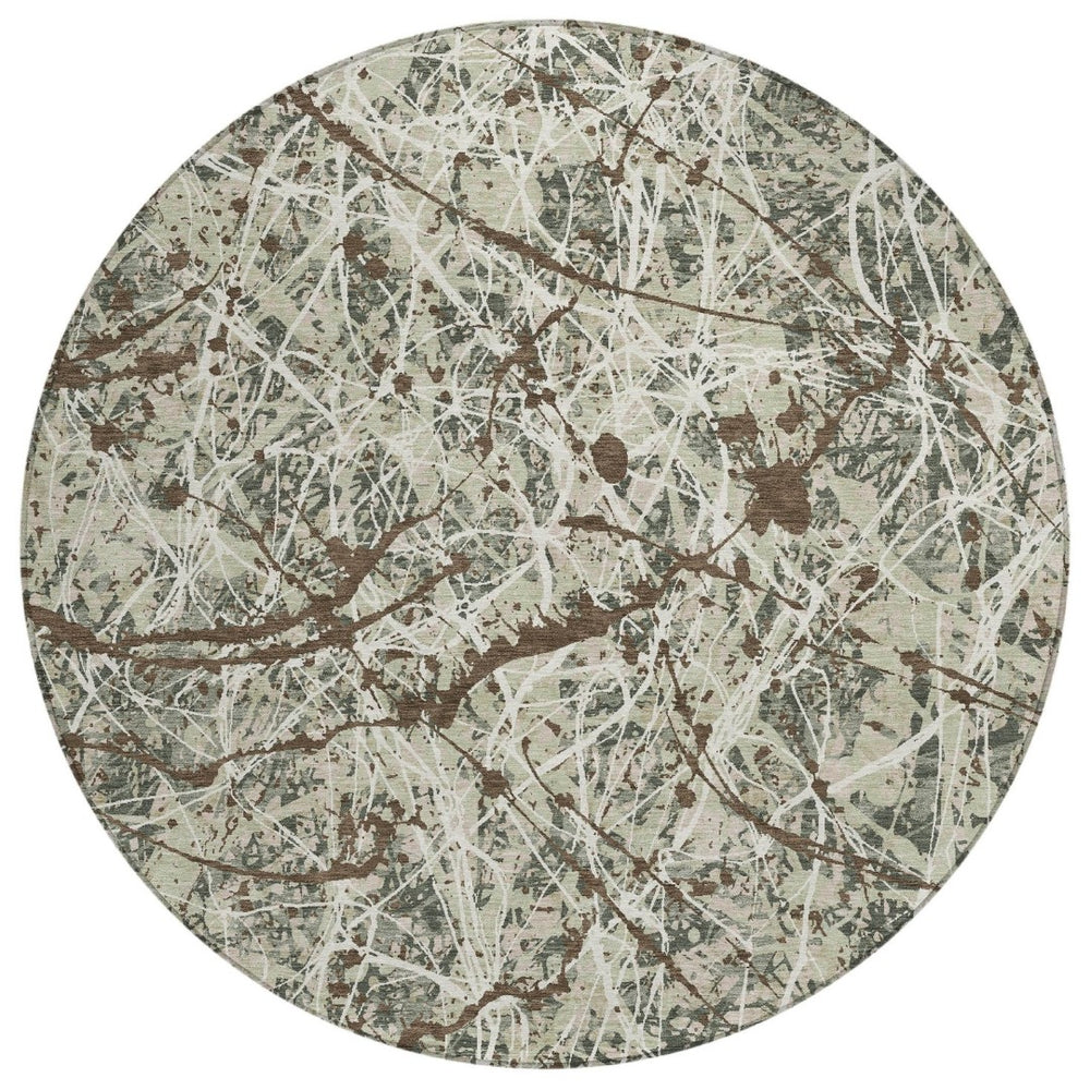 HomeRoots 8' Abstract Round Area Rug in Artichoke Green, Brown & Ivory – Washable & Durable for Indoor/Outdoor Use 690011