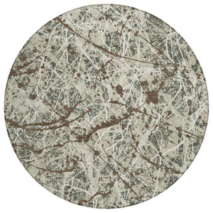 HomeRoots 8' Abstract Round Area Rug in Artichoke Green, Brown & Ivory – Washable & Durable for Indoor/Outdoor Use 690011