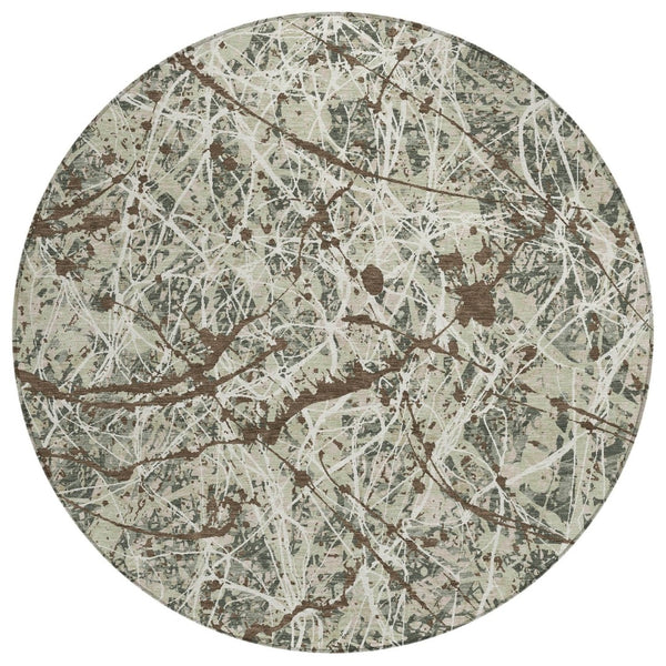 HomeRoots 8' Abstract Round Area Rug in Artichoke Green, Brown & Ivory – Washable & Durable for Indoor/Outdoor Use 690011