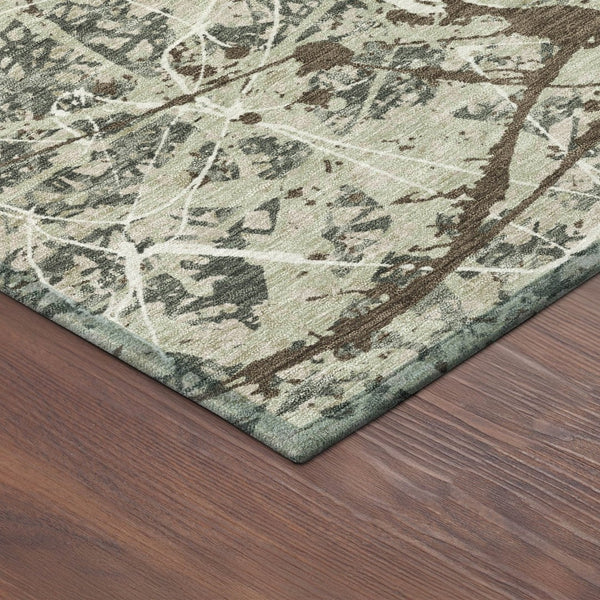 HomeRoots 8' Abstract Round Area Rug in Artichoke Green, Brown & Ivory – Washable & Durable for Indoor/Outdoor Use 690011