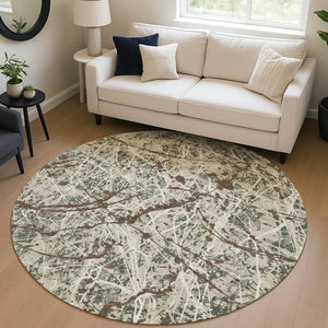 HomeRoots 8' Abstract Round Area Rug in Artichoke Green, Brown & Ivory – Washable & Durable for Indoor/Outdoor Use 690011