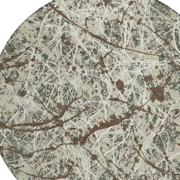 HomeRoots 8' Abstract Round Area Rug in Artichoke Green, Brown & Ivory – Washable & Durable for Indoor/Outdoor Use 690011
