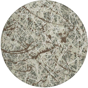 HomeRoots 8' Abstract Round Area Rug in Artichoke Green, Brown & Ivory – Washable & Durable for Indoor/Outdoor Use 690011