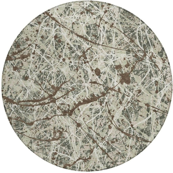 HomeRoots 8' Abstract Round Area Rug in Artichoke Green, Brown & Ivory – Washable & Durable for Indoor/Outdoor Use 690011