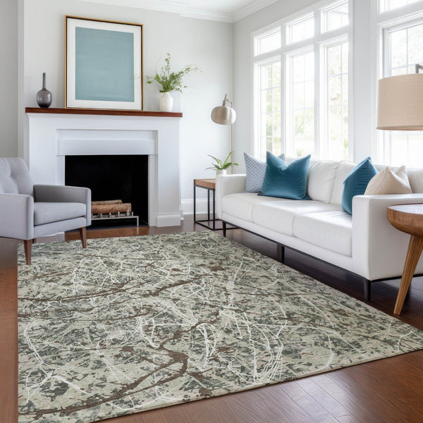 HomeRoots 8' X 10' Artichoke Green Abstract Rug – Durable, Washable Design for Indoor & Outdoor Spaces 690012