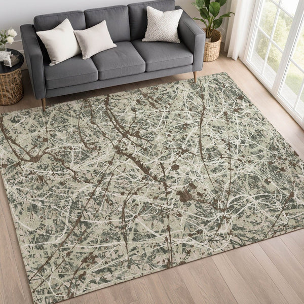 HomeRoots 9' X 12' Artichoke Green Abstract Area Rug - Durable, Washable Indoor/Outdoor Design for Every Space 690013