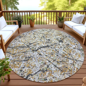 HomeRoots 8' Round Abstract Area Rug in Beige, Black & Ivory - Stylish, Washable, Indoor/Outdoor Durability! 690017