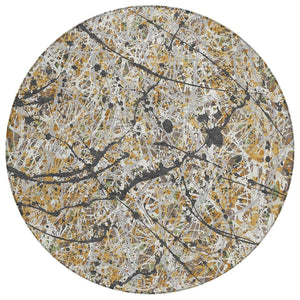 HomeRoots 8' Round Abstract Area Rug in Beige, Black & Ivory - Stylish, Washable, Indoor/Outdoor Durability! 690017