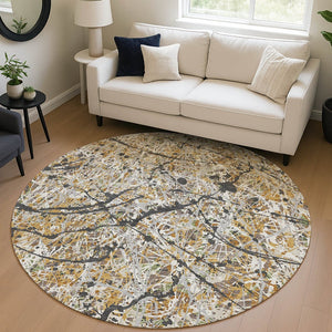 HomeRoots 8' Round Abstract Area Rug in Beige, Black & Ivory - Stylish, Washable, Indoor/Outdoor Durability! 690017