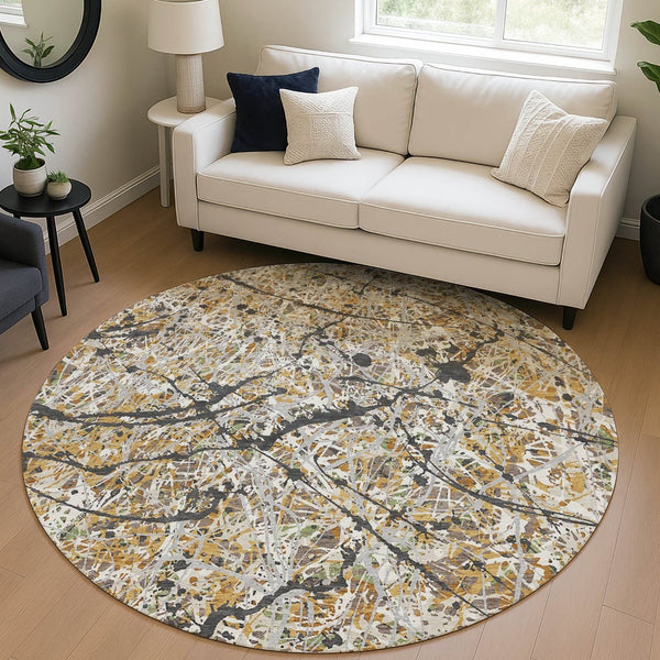 HomeRoots 8' Round Abstract Area Rug in Beige, Black & Ivory - Stylish, Washable, Indoor/Outdoor Durability! 690017