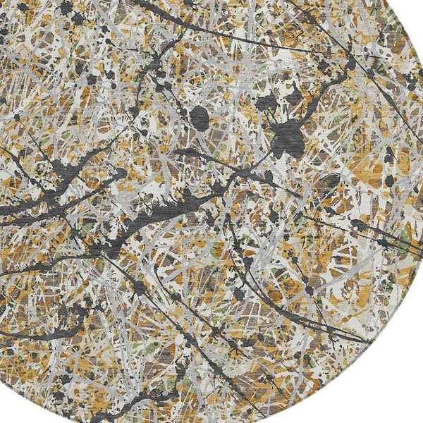 HomeRoots 8' Round Abstract Area Rug in Beige, Black & Ivory - Stylish, Washable, Indoor/Outdoor Durability! 690017