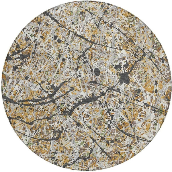 HomeRoots 8' Round Abstract Area Rug in Beige, Black & Ivory - Stylish, Washable, Indoor/Outdoor Durability! 690017