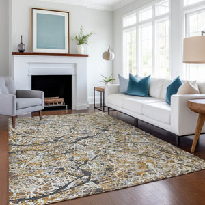 HomeRoots 9' X 12' Abstract Beige, Black & Ivory Area Rug - Washable, Durable for Indoor & Outdoor Spaces 690019