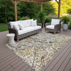 HomeRoots 9' X 12' Abstract Beige, Black & Ivory Area Rug - Washable, Durable for Indoor & Outdoor Spaces 690019