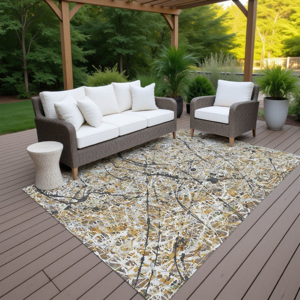 HomeRoots 9' X 12' Abstract Beige, Black & Ivory Area Rug - Washable, Durable for Indoor & Outdoor Spaces 690019